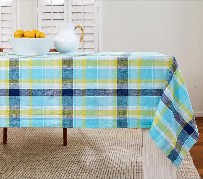 Solino Home Blue Linen Tablecloth 52 x 52 Inch - 100% Pure Linen Summer Madras Plaid Tablecloth - Handcrafted and Machine Washable Table Throw