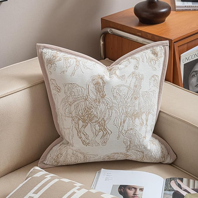 2025 New 20x20'' inches Throw Pillow Cushion Covers - Palace Horse with Edge Strip Chenille Jacquard Embroidery Luxury Modern Style Couch Sofa Bed Pillow Cover for Living Room Bedroom