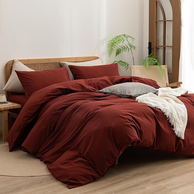 BESTOUCH Duvet Cover Set 100% Washed Cotton Linen Feel Super Soft Comfortable Chic Lightweight 3 PCs Home Bedding Set Solid Fired Brick Red Oversized Queen