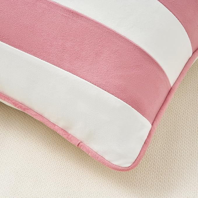 MONDAY MOOSE Decorative Throw Pillow Covers Cushion Cases, Set of 2 Soft Velvet Striped Piping Edge Designs, Pillow Inserts Not Included (Light Pink/White, 20x20 inch)