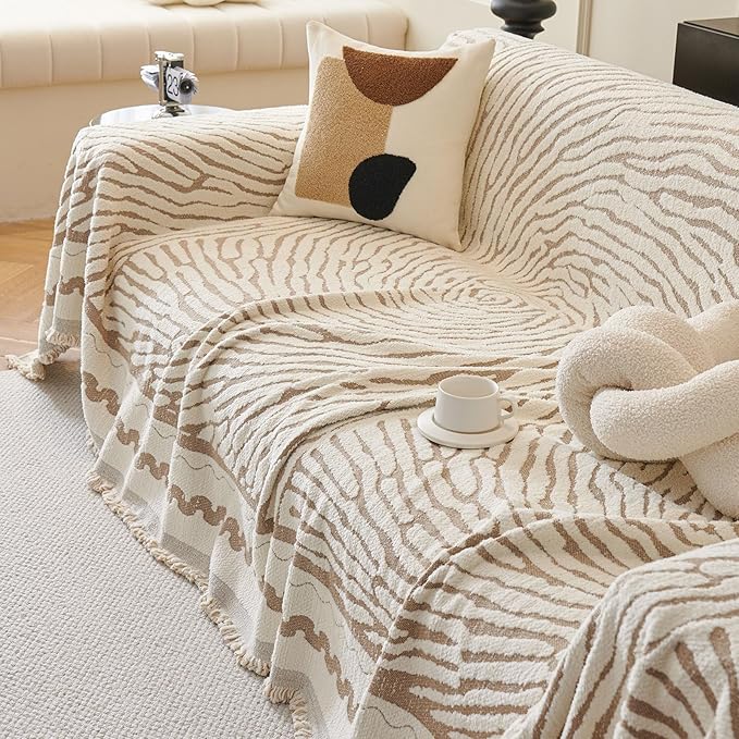 ROOMLIFE Thicked Striped Couch Cover with Tassel Khaki Chenille Sofa Cover Blanket for Sectional Sofa, Soft Sofa Slipcovers for L Shaped Love Seat 2-3 Cushion Couch Anti Slip Sofa Protector, 71"x134"