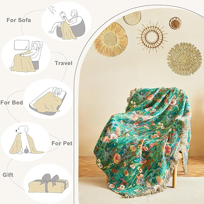 Boho Throw Blanket for Bed Cotton Blankets Twin Size for Bedroom Living Room All Season Lightweight Floral Embroidery Quilt for Couch Sofa Chair 60"x80"