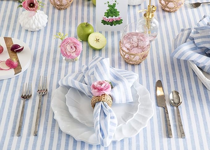 Solino Home Linen Tablecloth 60 x 120 Inch - Amalfi Stripe 100% Pure Linen Sky Blue and White Table Cloth for Rectangle Tables - Machine Washable Tablecloth for Holiday