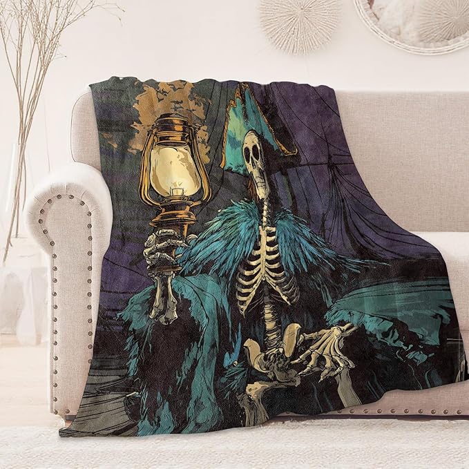 Spooky Skeleton Blanket, Cozy Flannel Pirate Throw Blanket, Soft Fuzzy Blankets for Travel Home Decor, All Season Lightweight Couch Bed Cover, Gifts for Women Adults Kids 50"×60"