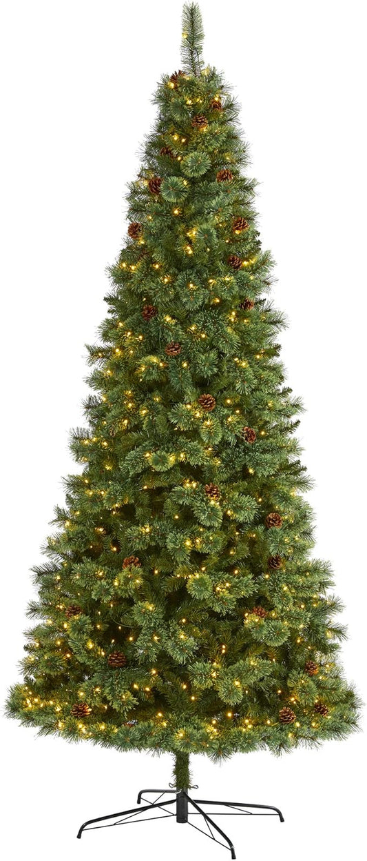 Nearly Natural 9ft. White Mountain Pine Artificial Christmas Tree with 650 Clear LED Lights and Pine Cones