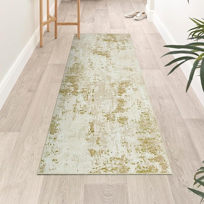 Modern Abstract 2x8 Runner Rug Washable Non Slip Stain Resistant Rug for Hallway Kitchen Bedroom Non Shedding Low Pile Indoor Floor Cover,Golden Grey