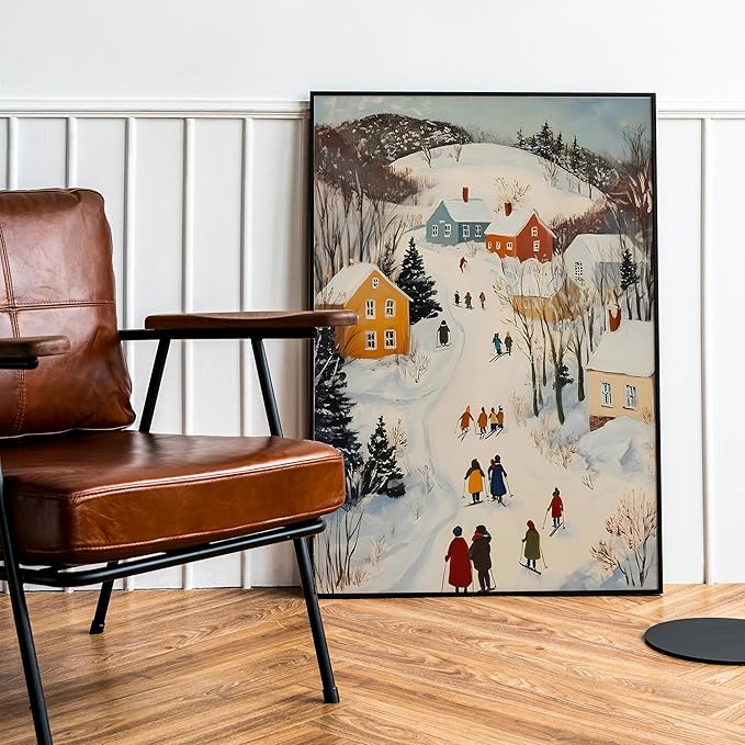 OZCONO Winter Town Wall Art for Christmas Home Decor, Cozy Snowy Village Scene for Holiday, Vintage Winter Artwork, Farmhouse Seasonal Home Accent, Xmas Print, Noel Design (Unframed) (12x18)