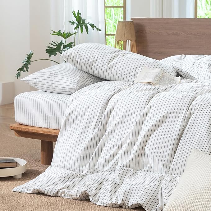 MooMee Striped Duvet Cover Set 100% Washed Cotton Linen Like Textured Breathable Durable Soft Comfy (White Heathered Green Wide Stripes, Twin 68"x90")