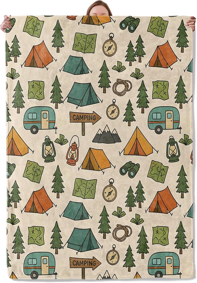 Camping Adventure Blanket Gifts for Women Girls Kids, Soft Warm Lightweight Flannel Tent Compass Lantern Throw Blankets for Bedroom Living Room Home Sofa Home Decor 50" x 60"