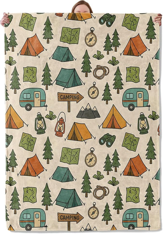 Camping Adventure Blanket Gifts for Women Girls Kids, Soft Warm Lightweight Flannel Tent Compass Lantern Throw Blankets for Bedroom Living Room Home Sofa Home Decor 60" x 80"