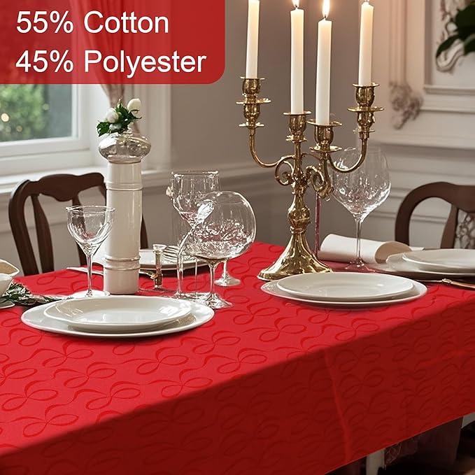Holiday Christmas Tablecloth 60 x 84 inch (6-8 Seat), Table Cloths for 6 Foot Rectangle Tables, Cotton-Polyester Blend, Table Cover for Christmas & Wedding, Red with Bowties Jacquard (1 Pack)