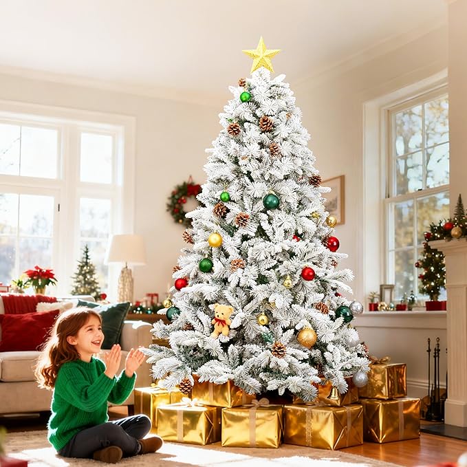 7ft Pre-lit Christmas Tree with Double-Sided Five-Fork PE & PVC Needles, Dense Realistic Pine Design, Easy Assembly Holiday Decoration Tree