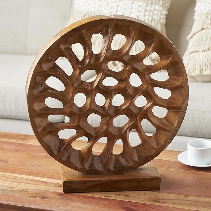 Deco 79 Teak Wood Abstract Handmade Decorative Sculpture Circular Cutout Home Decor Statue, Accent Figurine 20" x 6" x 21", Brown