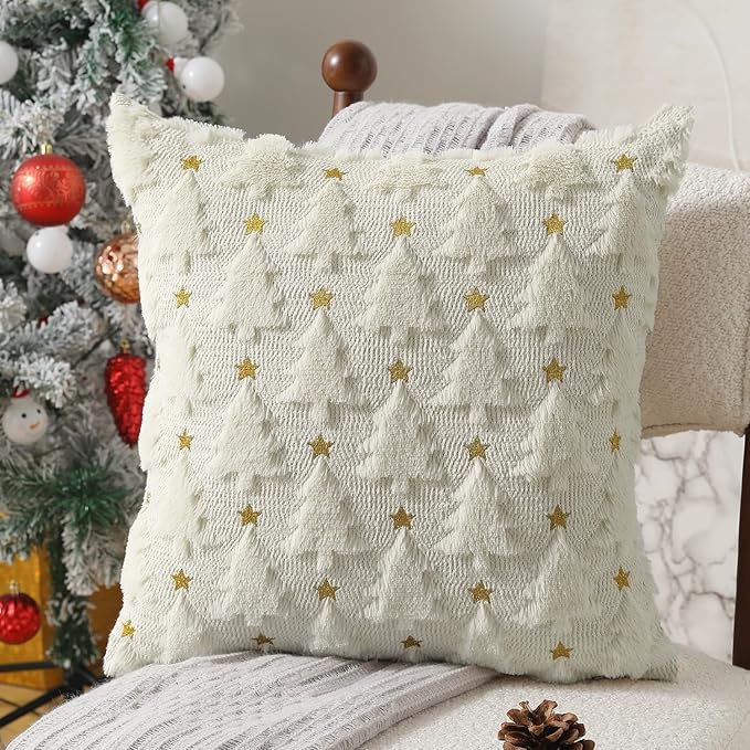 Christmas Throw Pillow Covers Christmas Decorations Set of 2 Xmas Tree 18x18 Pillow Covers Soft Plush Faux Wool Pillow Cases Holiday Winter Decor Sofa Couch Bed