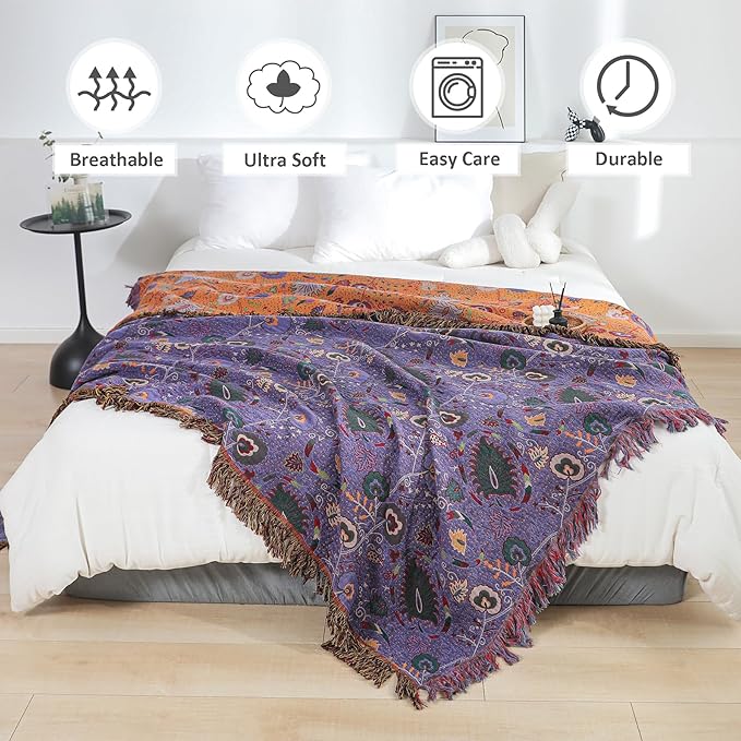 Boho Throw Blanket for Bed 100% Cotton Ultra Soft Rustic Quilt Farmhouse Decor Bed Fall Blankets,All Season Rustic Throw for Sofa Couch Chair (Flower-Purple, 90"×98")