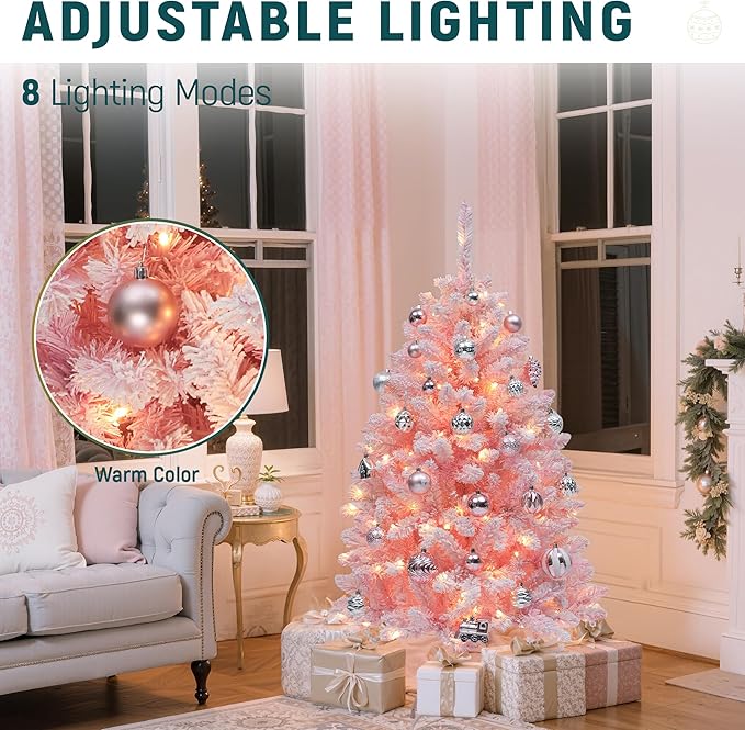YITAHOME 4.5 FT Prelit Pink Flocked Christmas Tree, Pre-Lit Pink Spruce Artificial Christmas Tree with 400 PVC Flocked Tips and 200 Warm-White Lights for Home, Office Decoration
