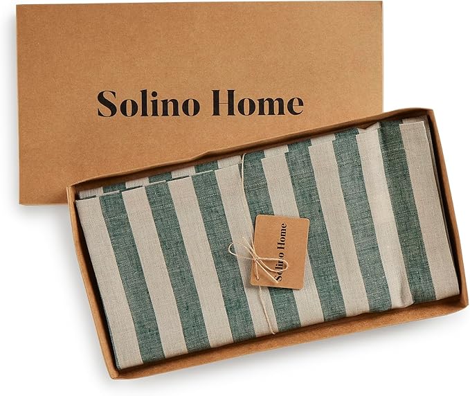 Solino Home Linen Tablecloth 52 x 52 Inch - Sorrento Stripe, 100% Pure Linen Hunter Green and Natural Square Tablecloth - Machine Washable Table Throw for Fall, Autumn, Thanksgiving, Christmas, Winter