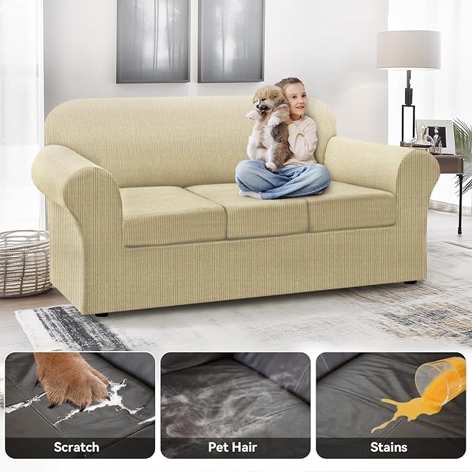 100% WaterproofCouch Cover 4-Piece Set Striped Sofa Slipcovers for 3 Cushion Couch Sofa Covers with TPU Leakproof Bottom Stretch Couch Protector Pet Proof - Sofa(3-Cushion), Camel