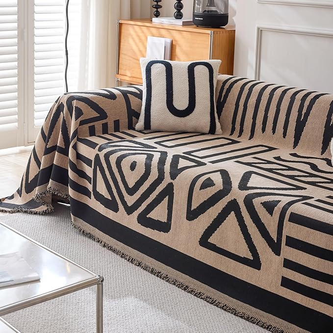 DREAMINGO Boho Couch Cover Washable Chenille Sofa Cover Blanket Light Coffee Black Furniture Protector for Sectional 2 Cushion Couch Reversible Geometric Loveseat Slipcover, Large 71"x118"
