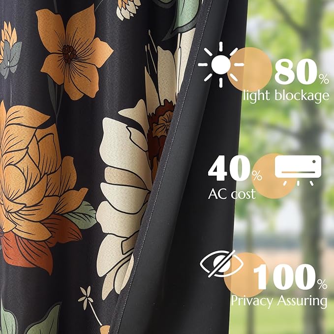 jinchan Lora Floral Curtain for Living Room Blackout Drape for Sliding Door Extra Wide Room Darkening Fall Decor Winter Vintage Flower Patterned Patio Door Curtain Grommet 1 Panel W100xL96 Inch Black