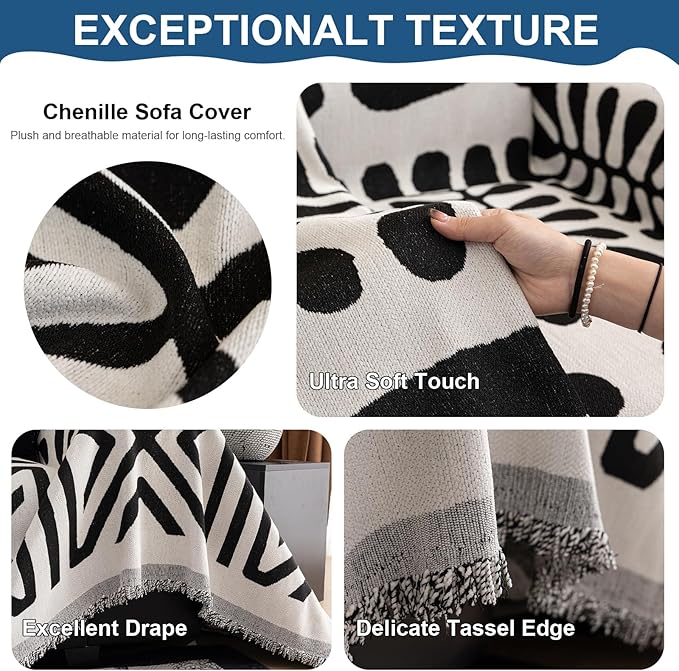 VClife Boho Tribal Couch Cover Soft Chenille Sofa Cover for Sofa, 1 Piece Large Couch Covers for 2 Cushion Couch Sofa Washable Black White Jacquard Pattern Sofa Protector for Living Room 71''x118''