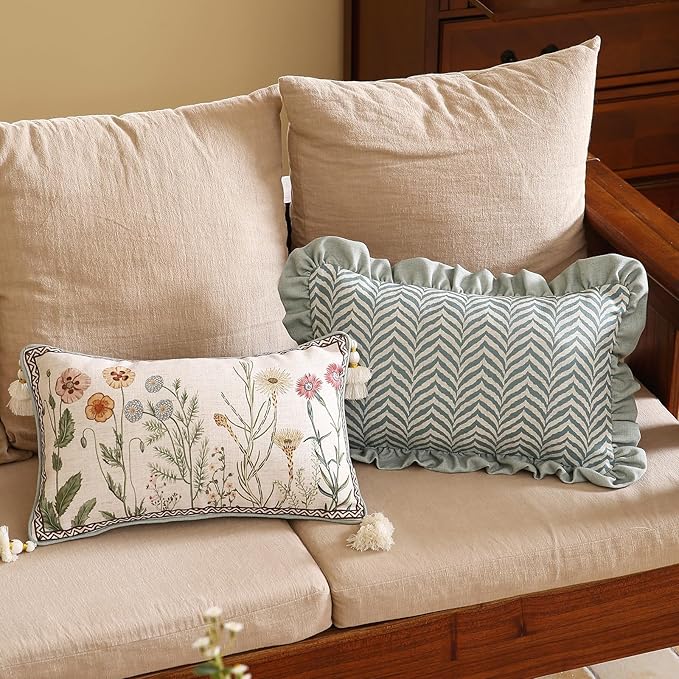 ISAENNE Design Linen Throw Pillow Covers 12"x20" Pack of 2, Lumbar Farmhouse Cushion Covers with Yellow Purple Watercolor Wildflower Pattern Decor Pillowcases for Bed,Living Room,Outdoor,Car