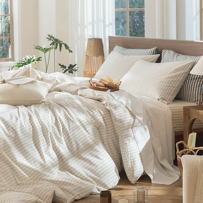 MooMee Striped Duvet Cover Set 100% Washed Cotton Linen Like Textured Breathable Durable Soft Comfy (Almond Milk Grey Classic Stripes, Cal King 104"x98")