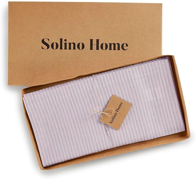 Solino Home Linen Striped Tablecloth 52 x 52 Inch - 100% Pure Linen Pink and White Square Table Throw - Narrow Stripe, Machine Washable Tablecloth