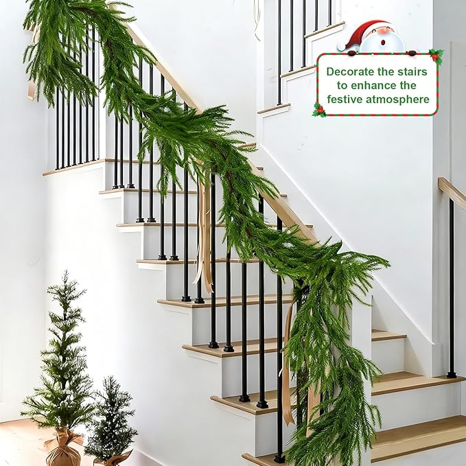 12FT(2*6FT) Christmas Norfolk Pine Garland, Soft Real Touch Faux Green Garlands, Holiday Decor Winter Artificial Greenery Garland for Mantle, Stairs, Table, Fireplace, Indoor Outdoor Xmas Decorations