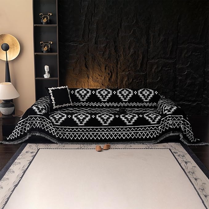 VClife Boho Couch Cover Chenille Sofa Cover for Sectional Sofa, Non Slip Couch Covers for 2 Seater Sofa Pet Friendly Sofa Protector with Tassel, Tribal Pattern Couch Slipcover, Black, 71"X118"
