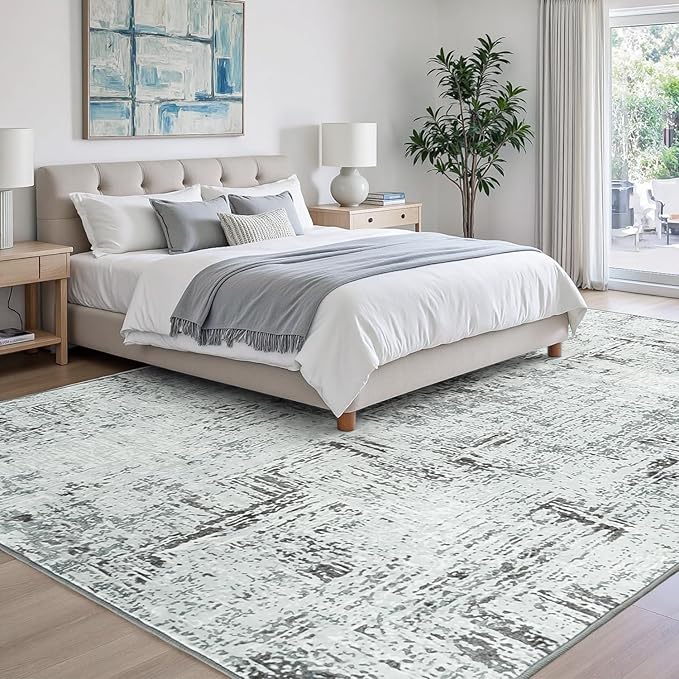 Rugflix 8x10 Washable Area Rugs, Neutral Boho Carpet Living Room Rug Non Slip Stain Resistant, Large Area Rug for Indoor Bedroom Dining Room Office, Blue/Grey