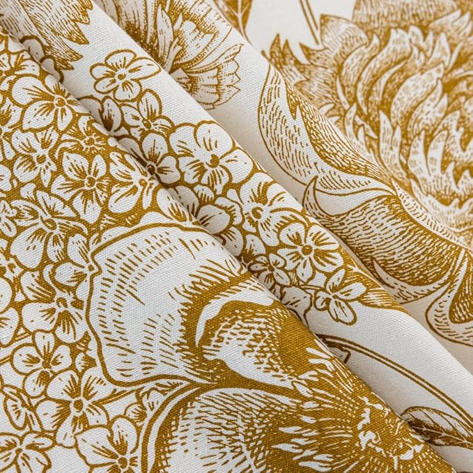 F-CHU Bohemian Floral Curtains 63 in Long Patterned Curtain for Bedroom Cotton Linen Blend Farmhouse Style French Country Brown Khaki Floral and Plant Designs Kitchen Curtains 55" W x 63" L