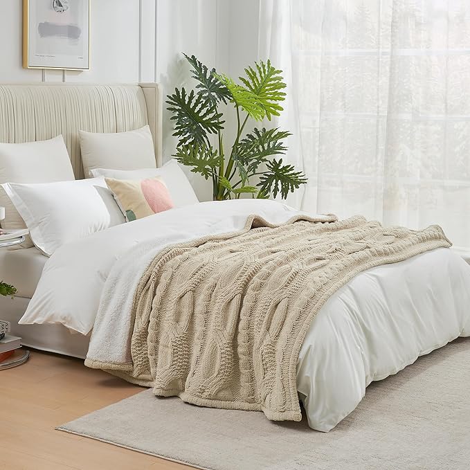 Amélie Home Cable Knit Throw Blanket for Couch Twin, Chenille Sherpa Soft Cozy Throw Blankets for Sofa Chair Comfortable Home, 60"x80", Beige