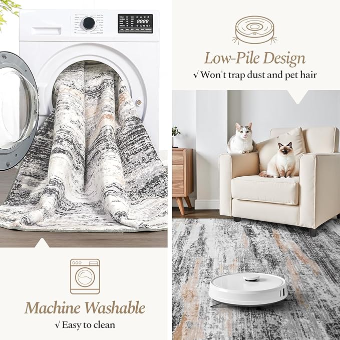 Rugflix 5x7 Area Rugs for Living Room, Washable Rug, Soft Low Pile Carpet, Non-Slip, Stain Resistant, Abstract Area Rug, Neutral Beige Grey Rug for Bedroom, Dining Room, Home Office
