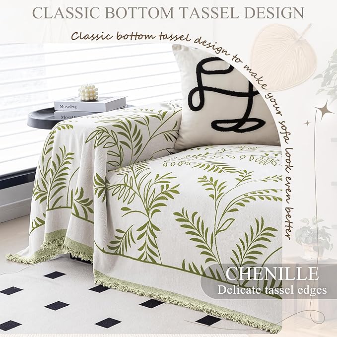 ALIECOM Boho Couch Covers for Sectional Sofa 2 Piece Thick Chenille L Shape Sofa Cover Washable Reversible Couch Cover Blanket Sofa Slipcovers Pet Dog Furniture Protector (XX-Large, Leaves Green)