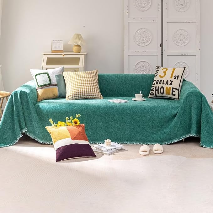VClife Modern Teal Green Couch Cover Large Sofa Covers for Sectional Sofa Large Sofa Slipcover, Soft Chenille Couch Covers for 2 Cushion Couch Washable Living Room Furniture Protector, 71''x118''