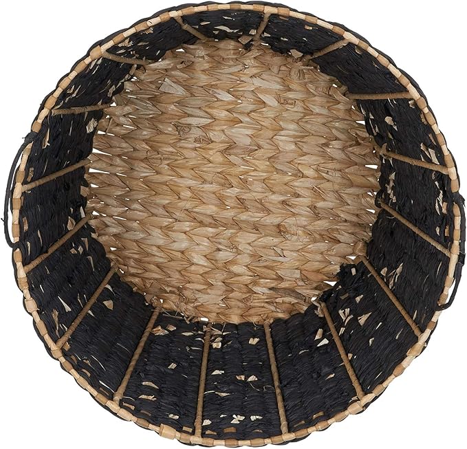 Household Essentials Large Round Woven Wicker Storage Basket with Handles | Black and Brown Geometic Design