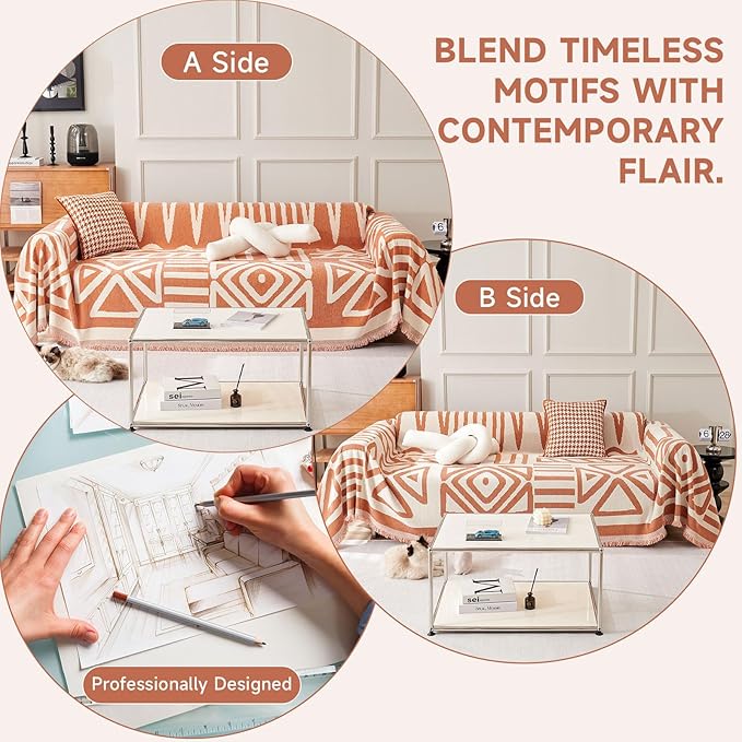 VClife Boho Couch Cover Thick Soft Chenille Sofa Covers for Sectional Couch, Bohemian Couch Covers for 3 Cushion Couch Sofa Washable Multi-Functional Furniture Protector, Caramel, 71''x150''