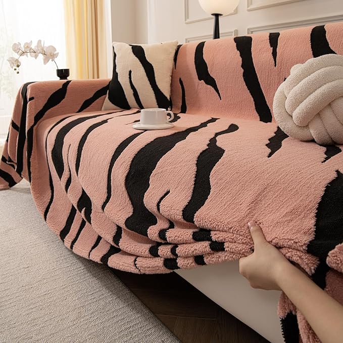 ROOMLIFE Striped Boho Pink Couch Cover for 2-3 Cushion Sofa, Fuzzy Plush Warm Sofa Slipcovers Sectional Sofas Covers, Non Slip Washable Furniture Protector Soft with Tassel,Winter 71''X134”