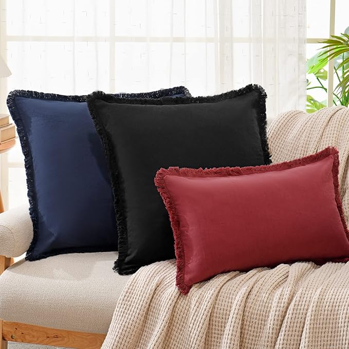ZWJD Pillow Covers 24x24 Set of 2 Navy Throw Pillow Covers with Fringe Chic Cotton Decorative Pillows Square Cushion Covers for Sofa Couch Bed Living Room Farmhouse Boho Decor
