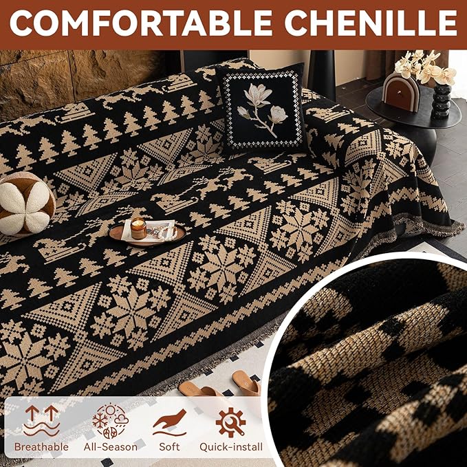 VClife Boho Couch Cover for Sofa, Anti Slip Chenille Sofa Cover for Sectional Sofa - 1 Piece Black Khaki Geometry Jacquard Sofa Slipcover, Pet-Friendly Couch Cushion Cover with Tassel 71"x 150"