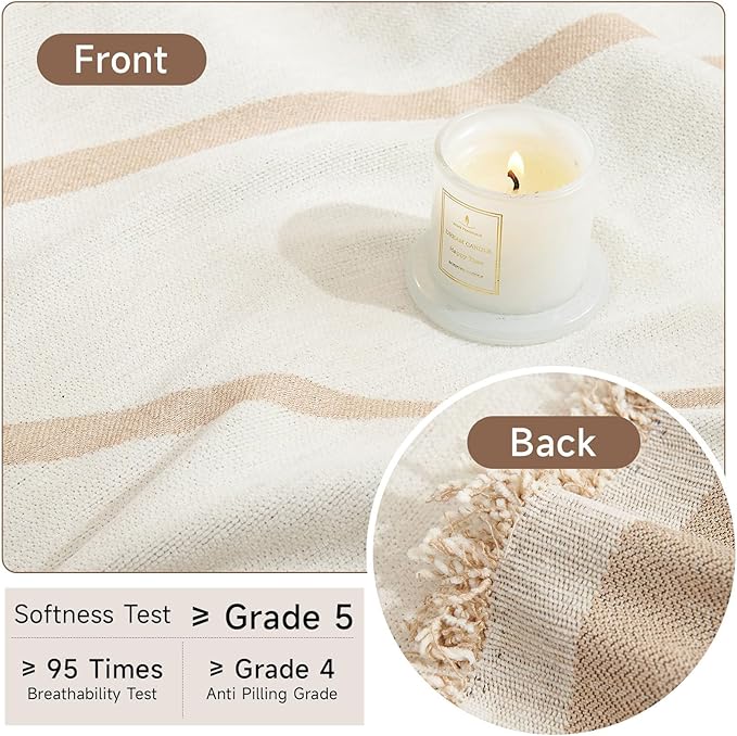 VClife Plush Chair Cover Washable Couch Cover for 1 Cushion Couch Sofa 71''x90'' - Modern White Beige Stripe Jacquard Chair Cover Decorative Furniture Protector with Tassel for Christmas Thanksgiving
