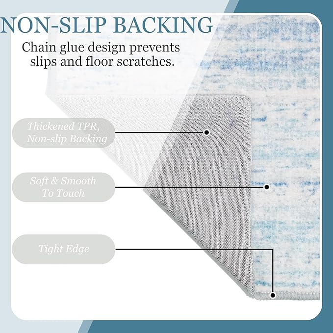 MUJOO Washable Runner Rug 2x8,Modern Abstract Area Rugs for Kitchen Hallways Bedroom Bedside Bathroom Laundry,Non Slip Throw Carpet Long Mat Indoor,Low Pile Accent Neutral Blue