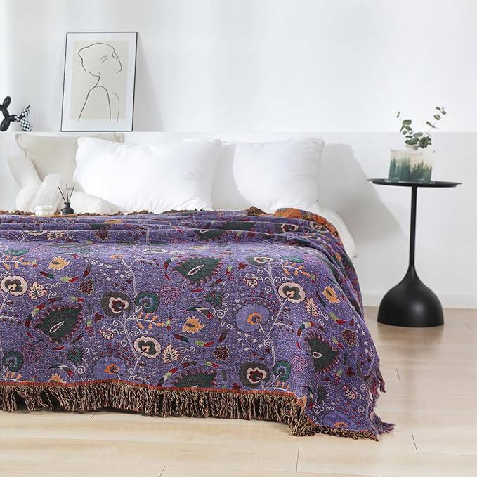 Boho Throw Blanket for Bed 100% Cotton Ultra Soft Rustic Quilt Farmhouse Decor Bed Fall Blankets,All Season Rustic Throw for Sofa Couch Chair (Flower-Purple, 90"×98")