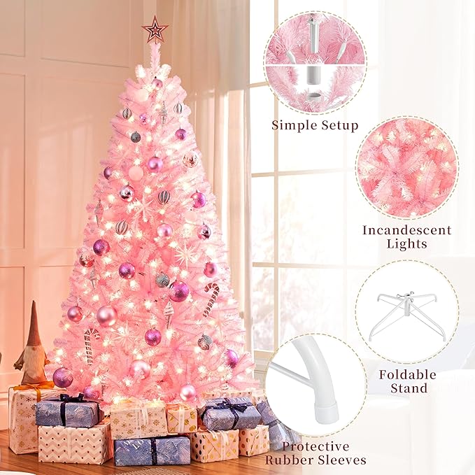 Yaheetech 7.5ft Pre-lit Artificial Hinged Christmas Tree Prelighted Full Holiday Xmas Tree for Home Party Decoration with 550 Warm White Lights & 1354 Branch Tips, Foldable Metal Stand, Pink