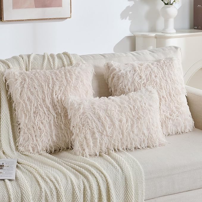 FUTEI Cream White Decorative Throw Pillow Covers 24x24 Inch Set of 2,Soft Fluffy Faux Feather Texture European Cushion Cases,Modern Home Luxury Decor for Couch Bed Living Room