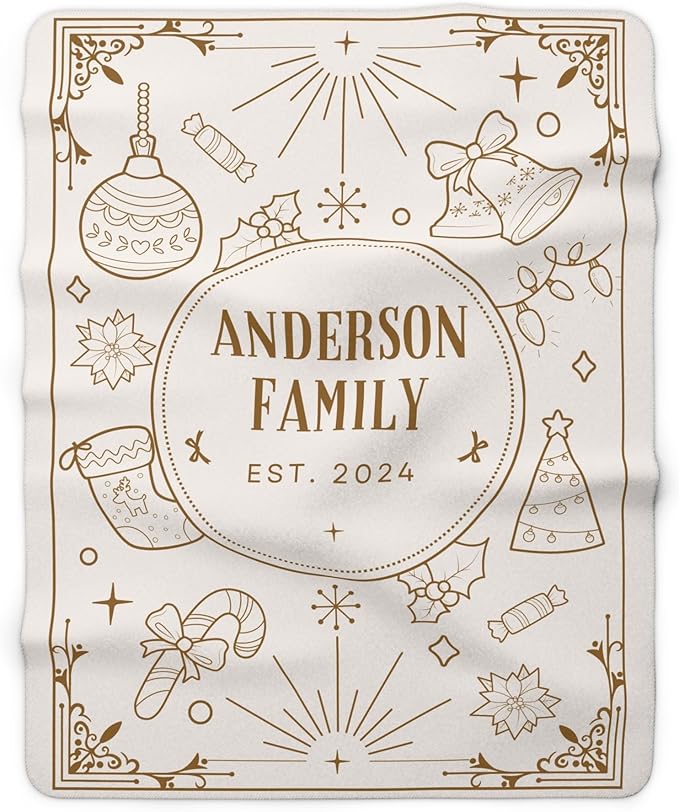 Elegant Gold Line Art Holiday Throw Blanket with Ornaments & Custom Name, Personalized Family Christmas Blanket