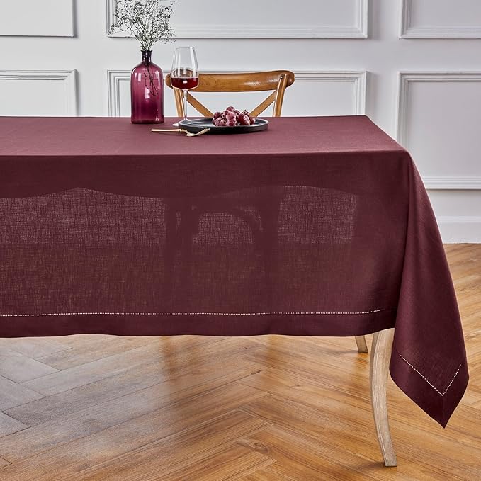 Solino Home Linen Burgundy Tablecloth 60 x 108 Inch - Classic Hemstitch, 100% Pure Linen Rectangular Tablecloth - Machine Washable Table Cloth for Fall, Autumn, Thanksgiving, Christmas, Winter