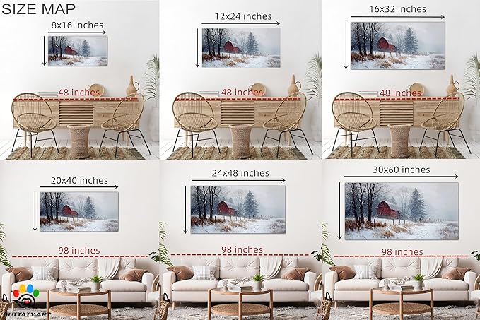 GUTTATY Christmas Winter Scene Canvas Wall Art, Rustic Red Barn Canvas Prints, Snowy Landscape Wall Artwork, Holiday Wall Decor Poster, Cozy Winter Pictures for Living Room, Bedroom, 60x30 Inch