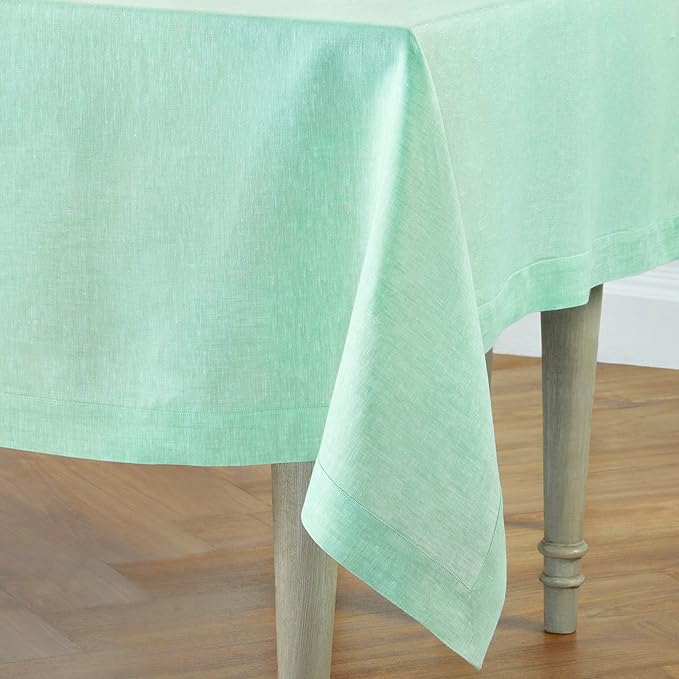 Solino Home Linen Tablecloth 60 x 108 Inch - 100% Pure Linen Chambray Aqua Table Cloth for Rectangle Tables - Athena, Machine Washable Tablecloth for Thanksgiving